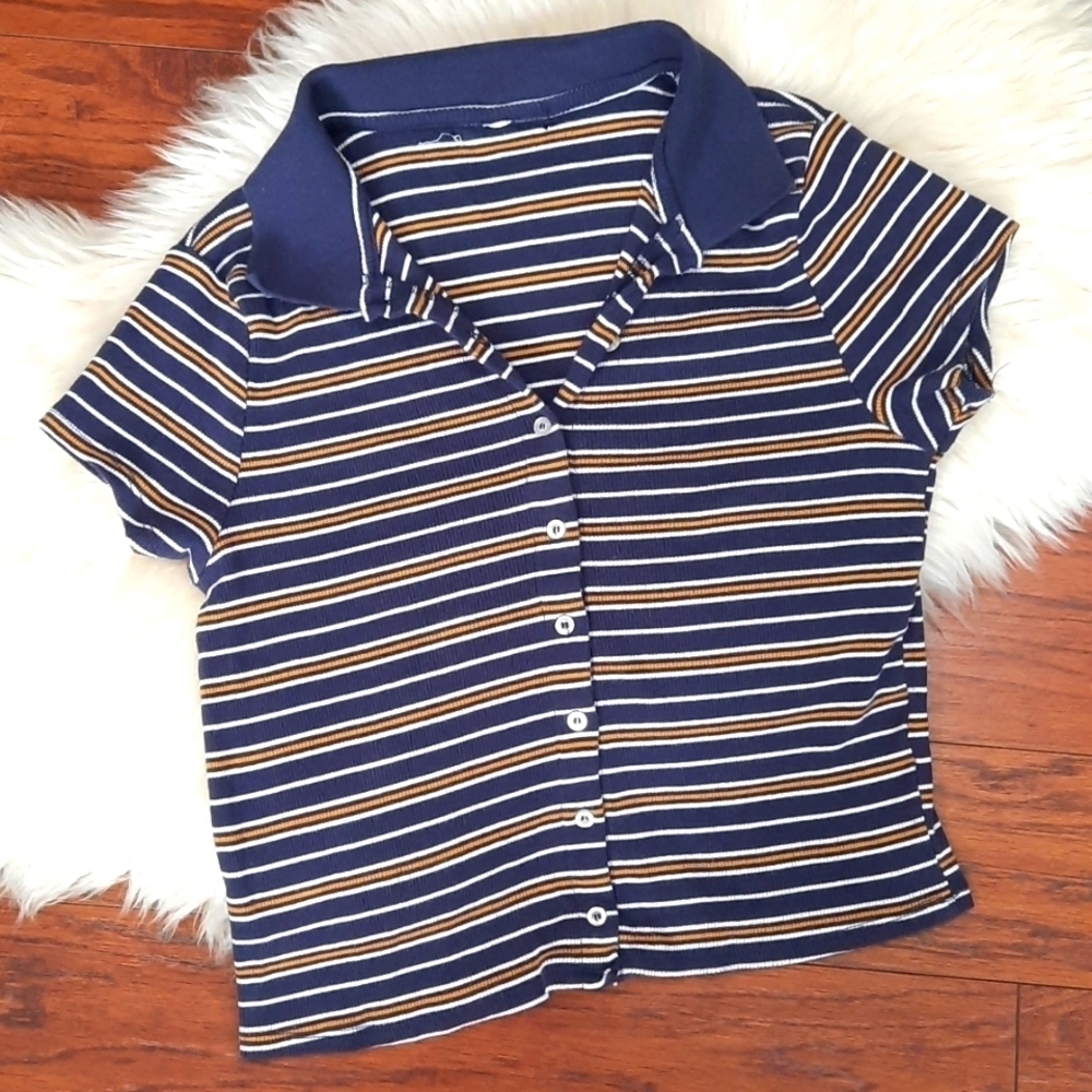 Vintage Y2k Ribbed Striped Button Front Crop Top